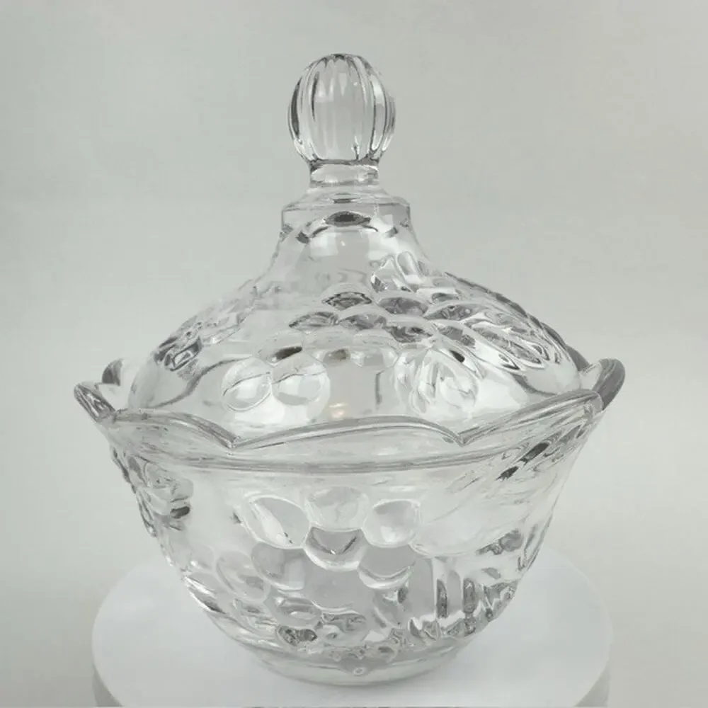 Vintage Clear Glass Candy Dish and Lid w/ Grape Vine /Cherries/Flowers Motif